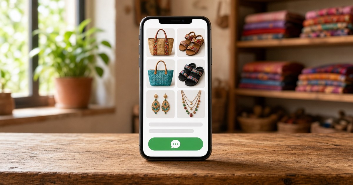 Celular con un catálogo digital de bolsos, sandalias y aretes y un botón verde para pedir por chat, sobre el mostrador de una tienda