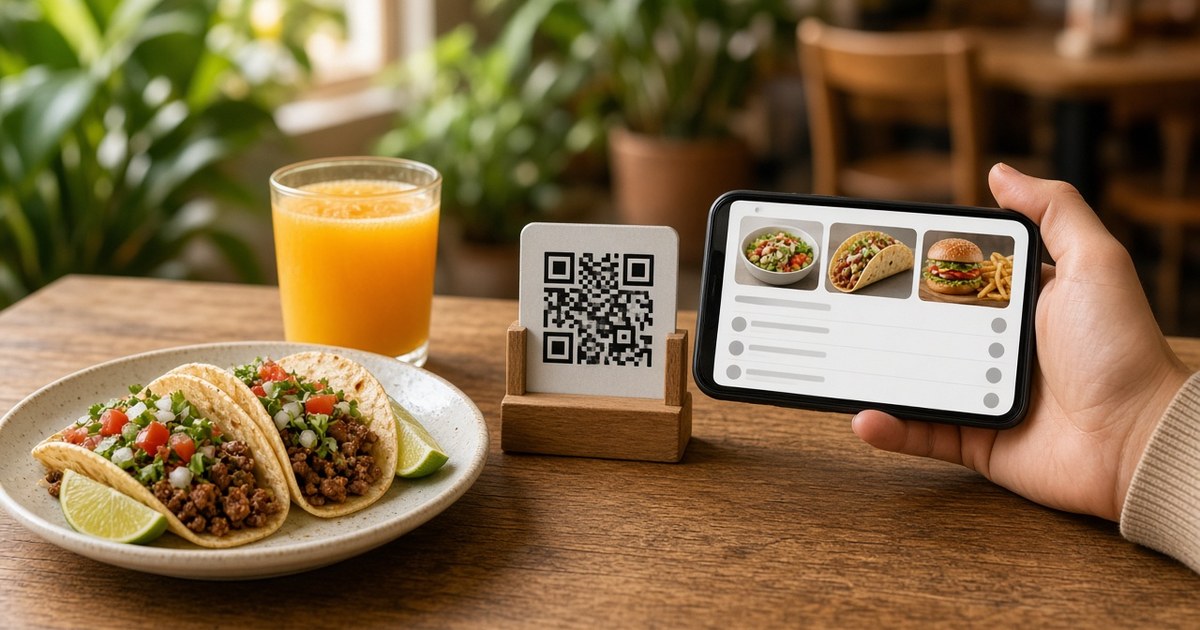Cliente con el menú digital del restaurante en su celular junto a un plato de tacos y el código QR de la mesa