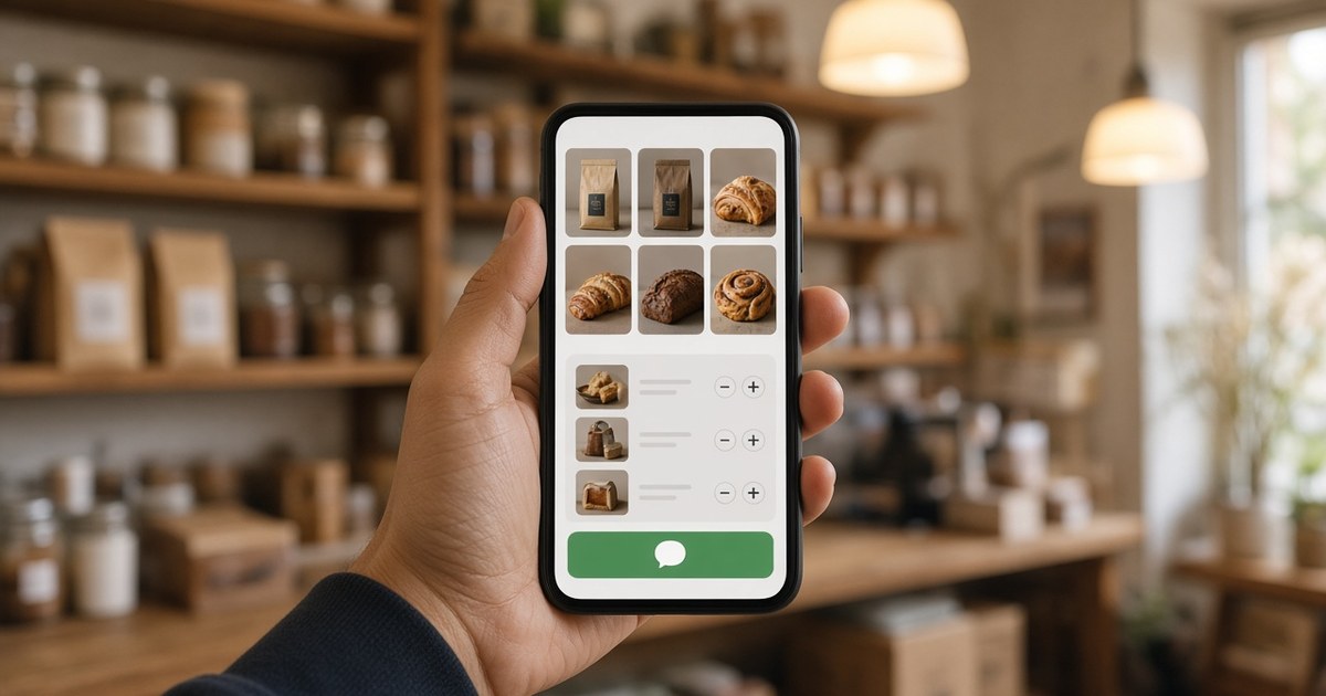 Shop owner holding a smartphone with a product catalog, a cart summary and a green button to send the order by chat