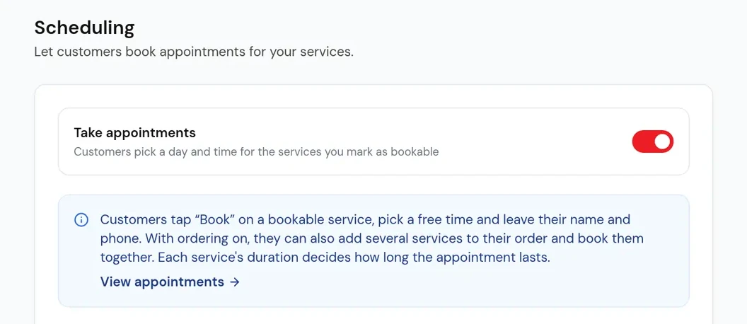 Ajustes de agenda de Nice Catalogs (interfaz en inglés) con el interruptor “Take appointments” activado, una nota que explica cómo el cliente toca “Book”, elige una hora libre y deja su nombre y teléfono, y el enlace “View appointments”
