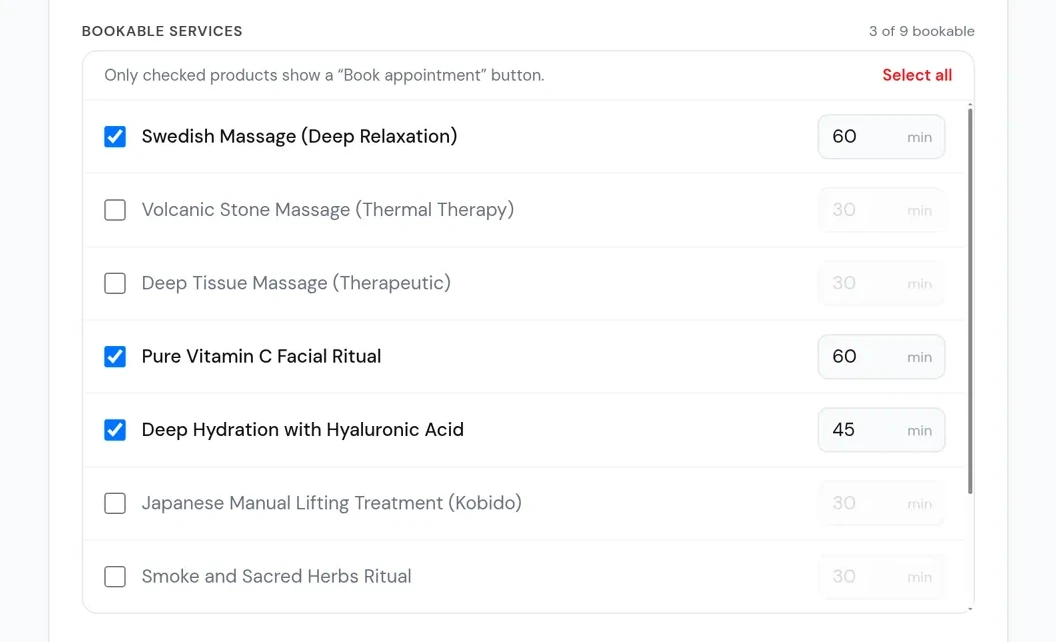 Lista de servicios de spa con casillas: Swedish Massage, Pure Vitamin C Facial Ritual y Deep Hydration with Hyaluronic Acid marcados como reservables, con duraciones de 60, 60 y 45 minutos