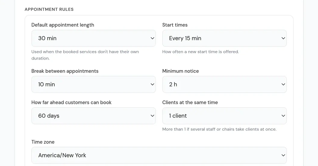 Reglas de citas (en inglés): duración predeterminada de 30 min, horarios de inicio cada 15 min, 10 min entre citas, aviso mínimo de 2 h, reservas hasta 60 días antes, 1 cliente a la misma hora y zona horaria America/New York
