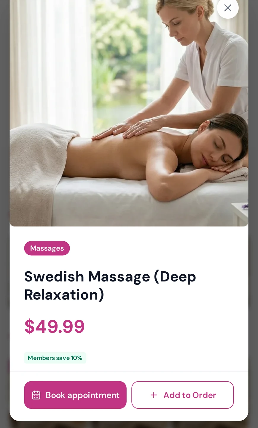 Detalle del servicio Swedish Massage (Deep Relaxation), $49.99, abierto en un celular, con el botón “Book appointment” junto a “Add to Order”