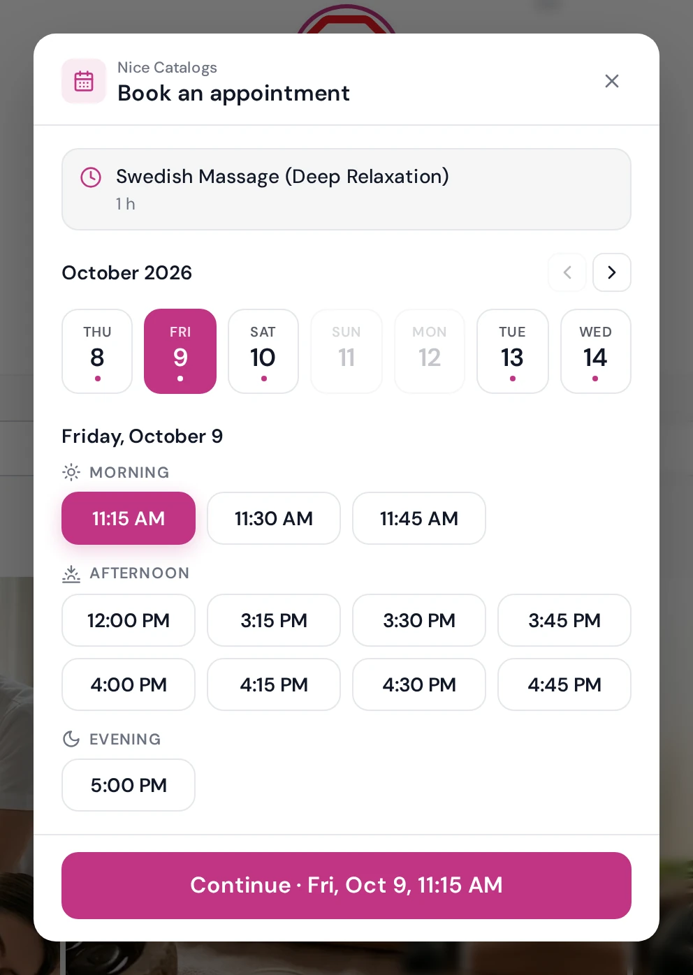 Pantalla “Book an appointment” para Swedish Massage (1 h): días de octubre de 2026 con el viernes 9 seleccionado, horarios de mañana, tarde y noche de 11:15 AM a 5:00 PM con las 11:15 AM elegidas y un botón “Continue”
