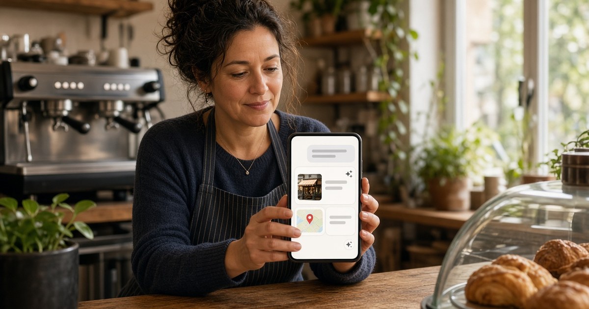 Café owner holding up a smartphone with an AI chat assistant's answer showing a local storefront and a map pin