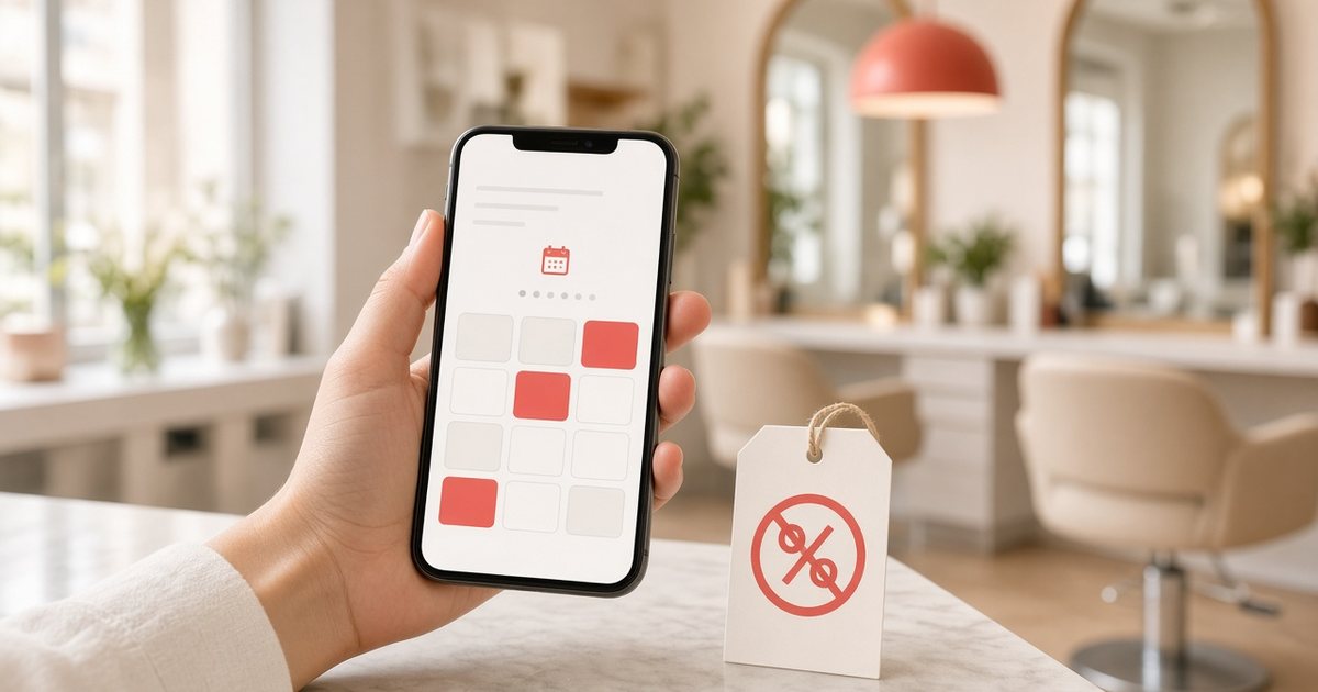 Hand holding a phone with appointment time slots in a bright salon, next to a tag with a crossed-out percent sign