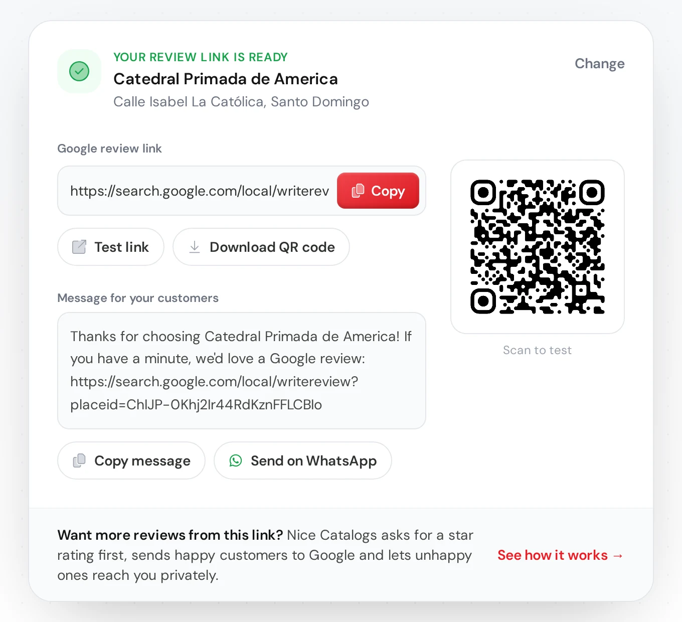 Nice Catalogs free Google review link generator showing a ready review link with Copy, Test link and Download QR code buttons, a QR code, and a ready-made message with Copy message and Send on WhatsApp buttons
