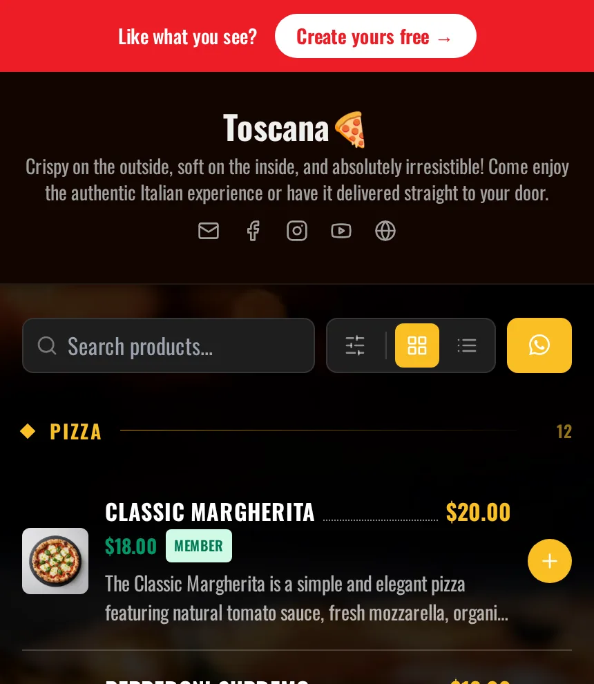 Catálogo demo Toscana en el celular con productos que muestran la etiqueta “Members save 10%” junto al precio