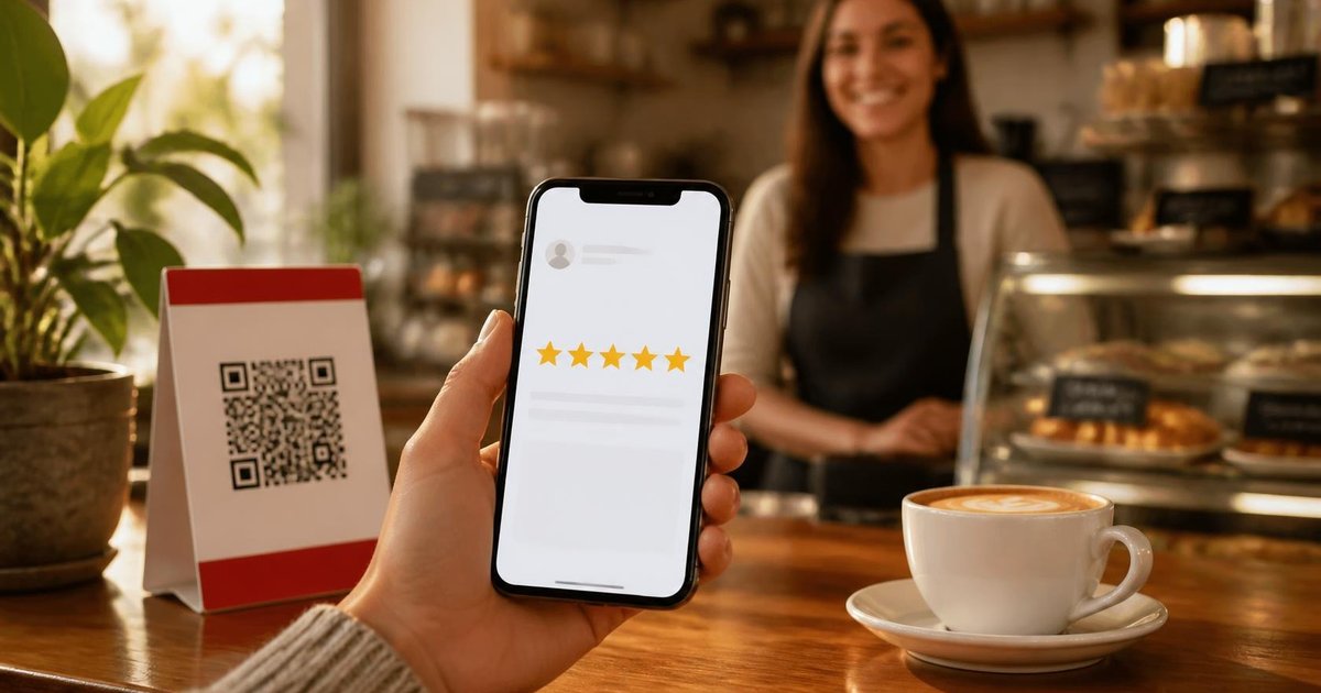 Warm cafe counter with a phone showing five stars and a red-accent QR stand for Google reviews