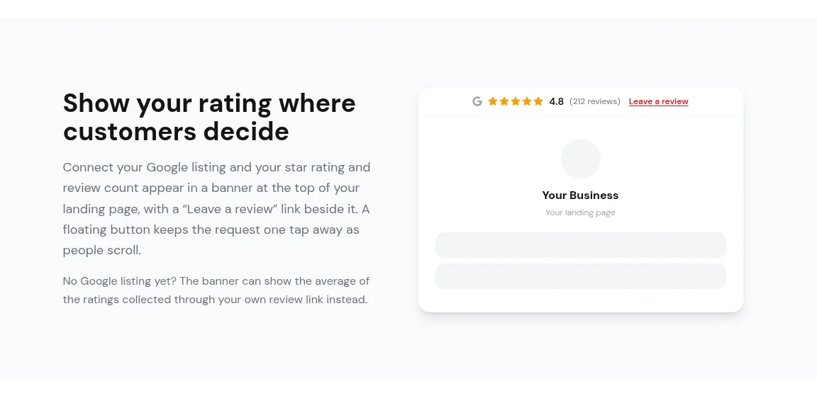 Nice Catalogs landing page mock with Google star rating 4.8, review count, and Leave a review link