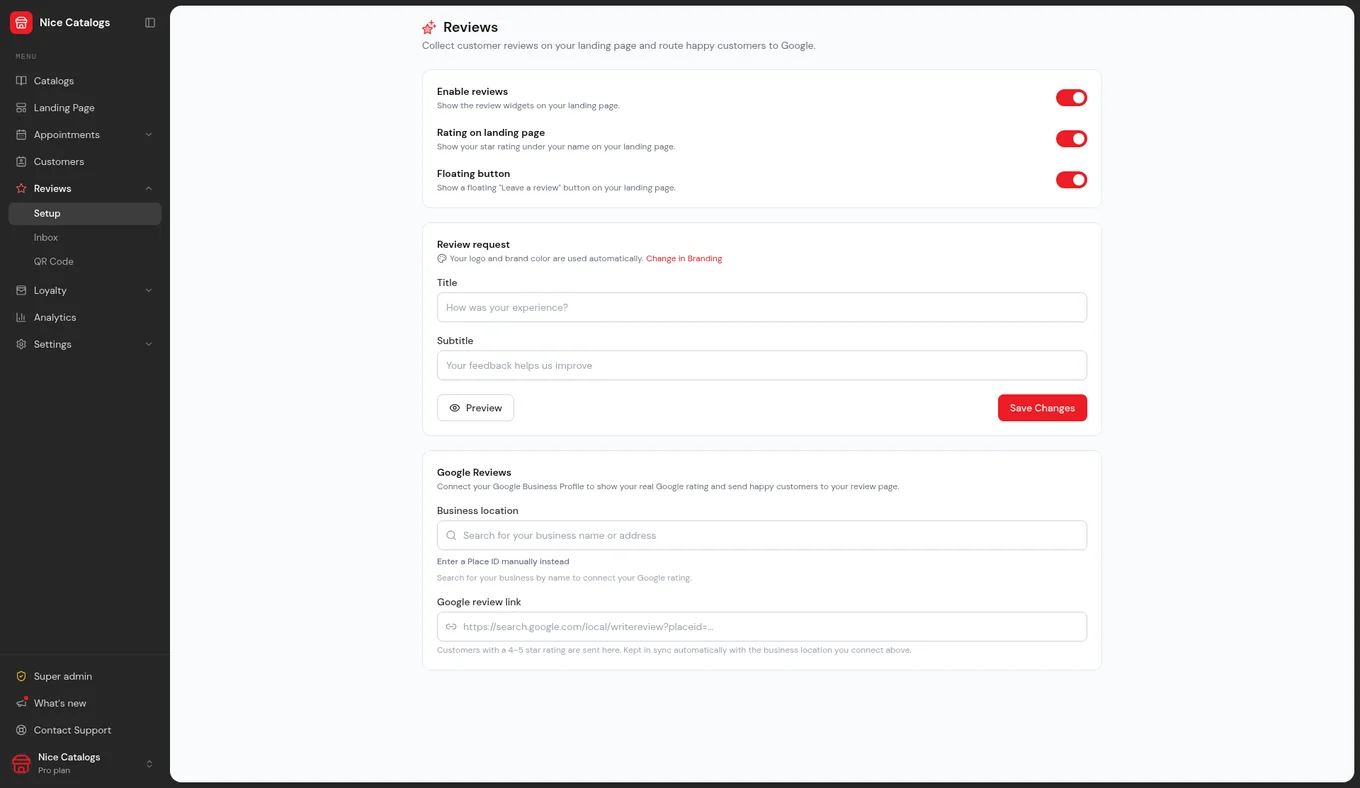 Nice Catalogs Reviews setup: toggles for enable reviews, rating on landing page, and floating button, plus Google Reviews connection fields