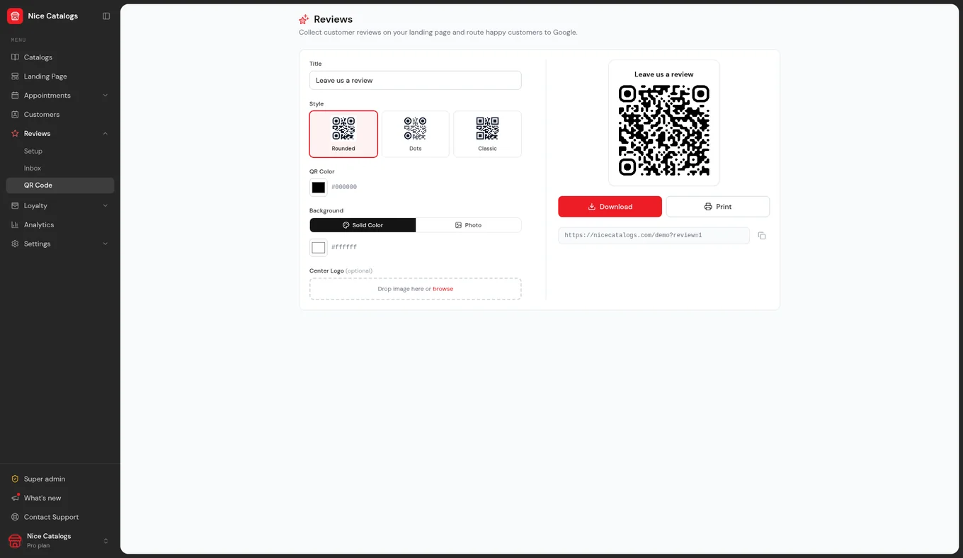 Nice Catalogs Reviews QR Code tab with printable QR preview, Download and Print buttons