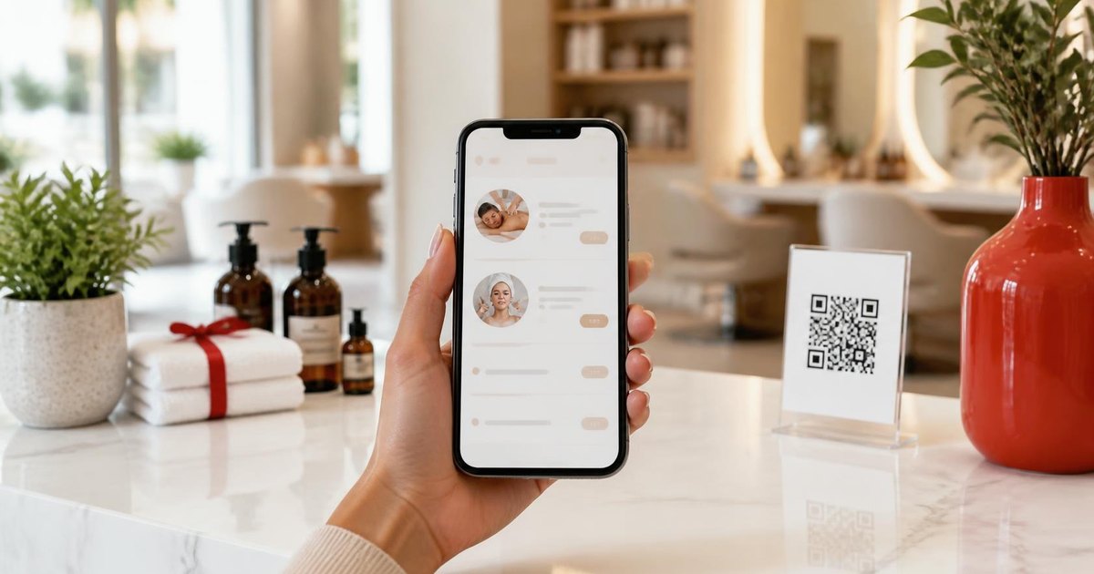 Hand holding a phone with a salon and spa service menu at a marble reception desk, with a QR stand and red vase