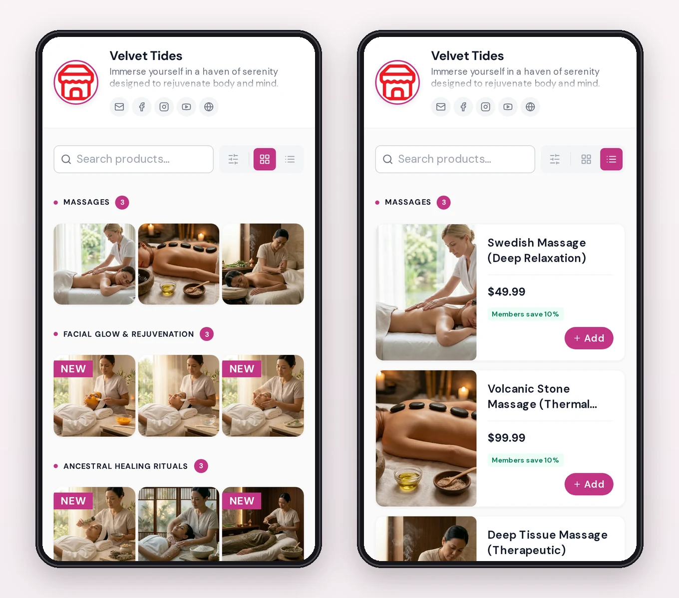 Nice Catalogs demo spa menu on a phone in grid view and list view, with categories, photos, prices and NEW badges