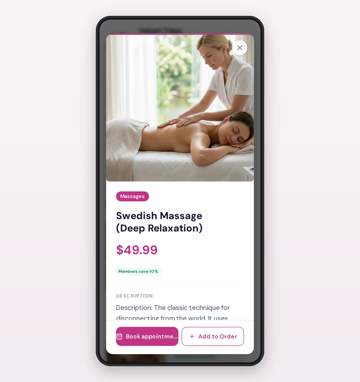Service detail for a Swedish massage showing photo, Massages category, $49.99 price, members save 10% badge, description and a Book appointment button