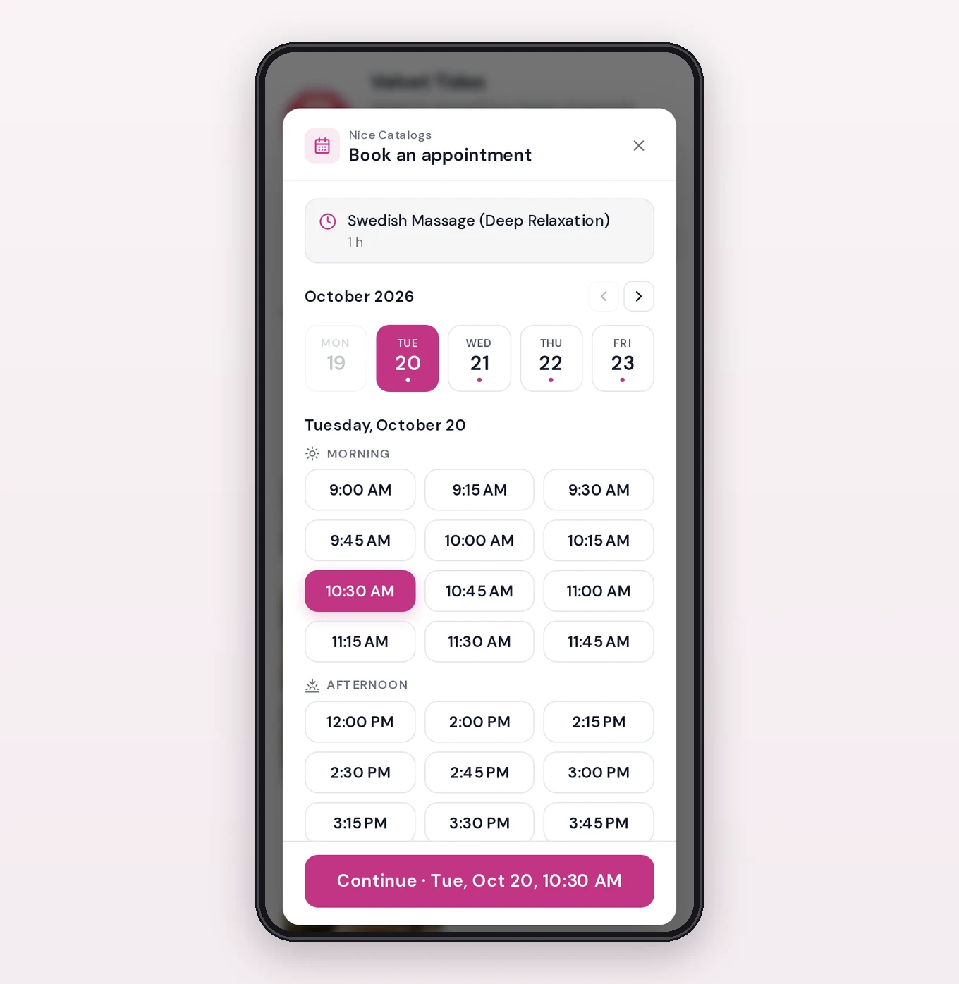 Nice Catalogs booking screen for a 1-hour Swedish massage: pick a day, then a free morning or afternoon time