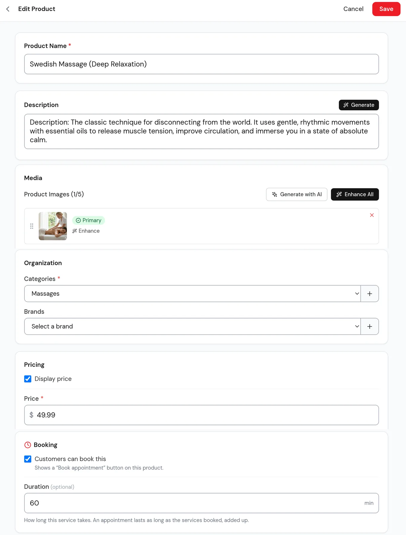 Editing a spa service in Nice Catalogs: name, description, photo, category, price, a Customers can book this toggle and a 60-minute duration