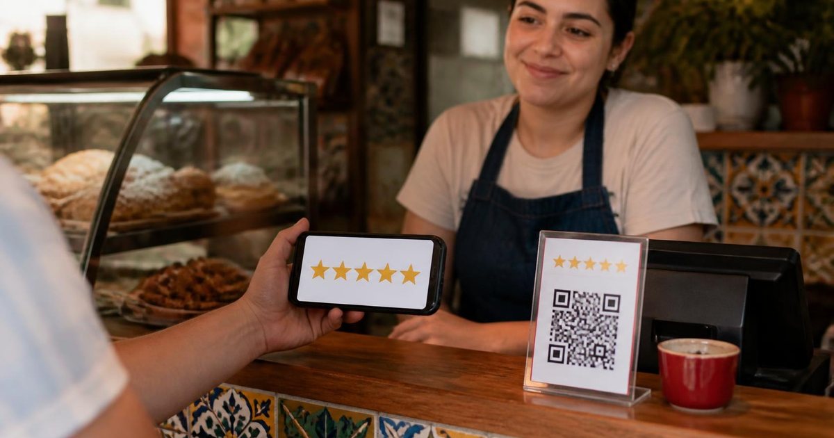 Cliente en el mostrador de una panadería con azulejos de colores muestra un celular con cinco estrellas junto a un letrero con código QR para reseñas