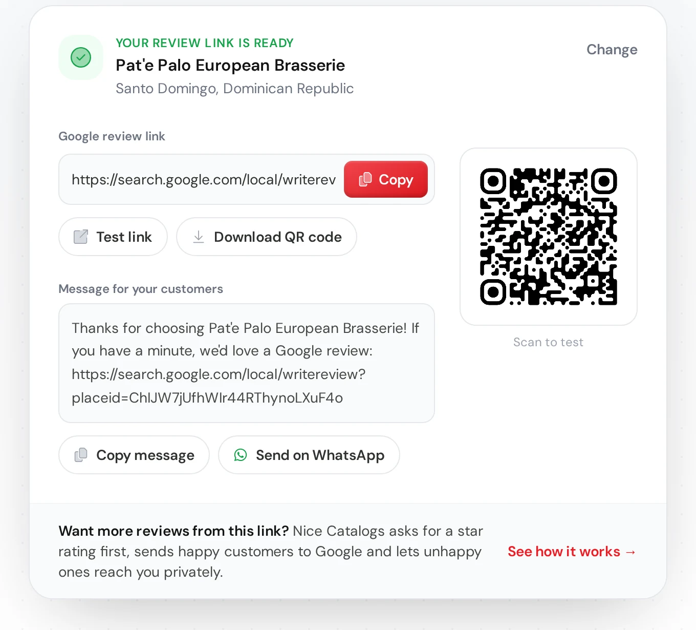 Resultado del generador: tarjeta “Your review link is ready” para Pat'e Palo European Brasserie con el link de reseñas de Google, botones Copy, Test link y Download QR code, código QR, mensaje para clientes y botón Send on WhatsApp