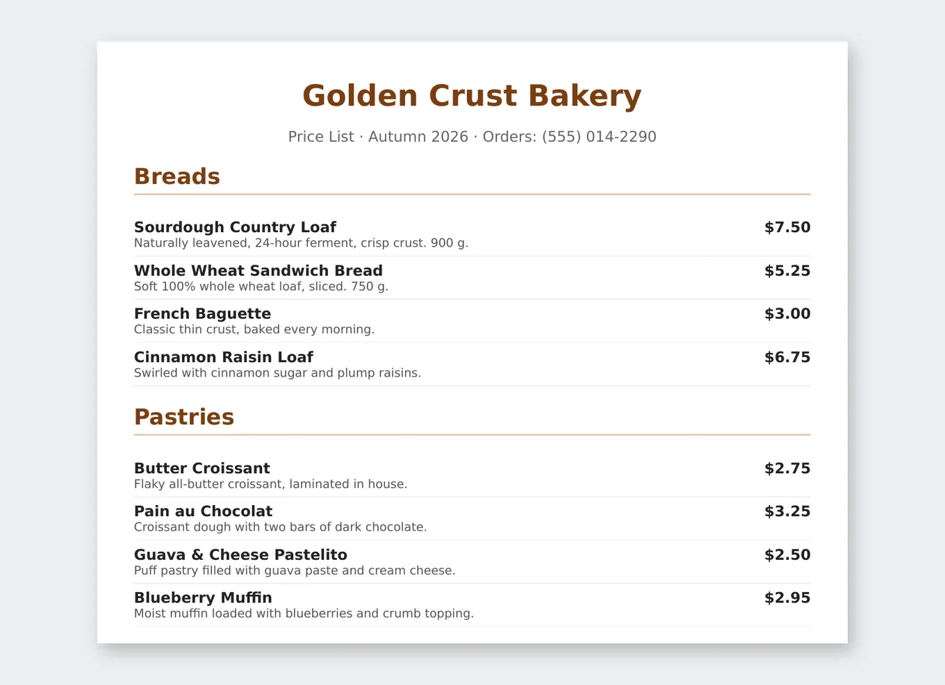 Sample PDF price list for Golden Crust Bakery with Breads and Pastries sections, each product showing a name, short description and price