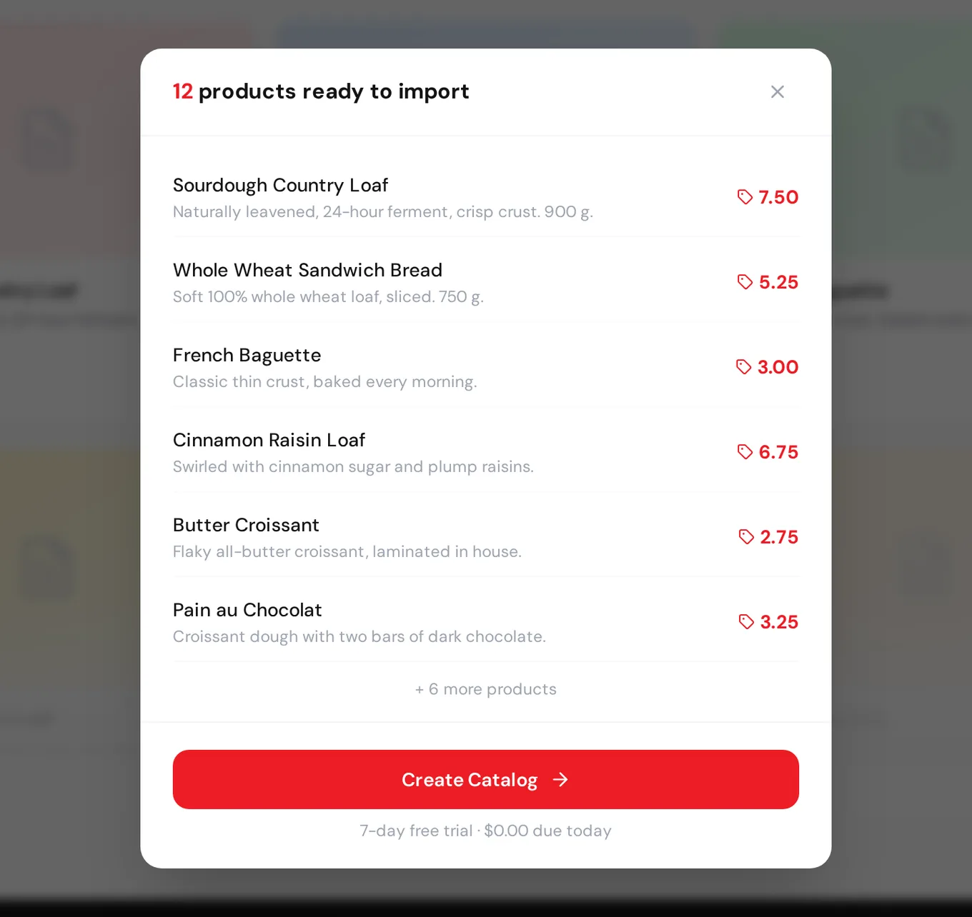 Nice Catalogs CSV importer preview: 12 products ready to import, listing Sourdough Country Loaf 7.50, Whole Wheat Sandwich Bread 5.25, French Baguette 3.00 and more, with a Create Catalog button and 7-day free trial note