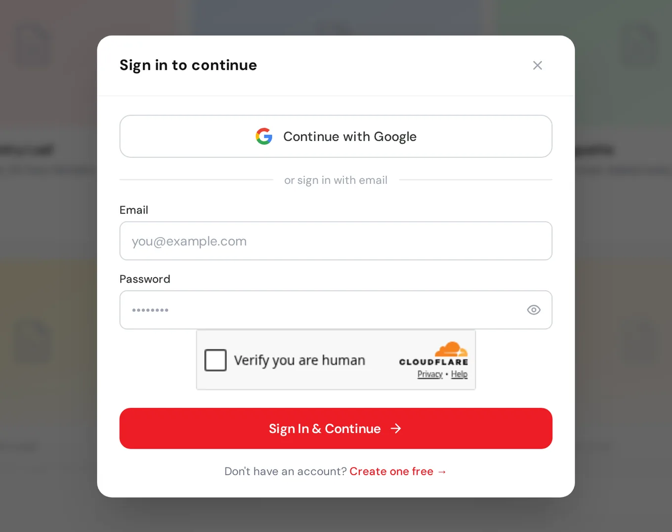 Sign in to continue window in Nice Catalogs with Continue with Google, email and password fields, and a Create one free link