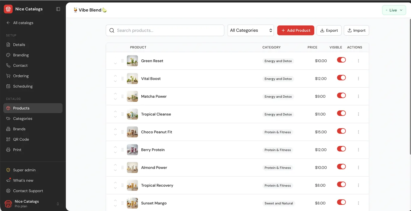 Nice Catalogs dashboard Products page with search, category filter, Add Product, Export and Import buttons, and a product list with categories, prices and visibility switches