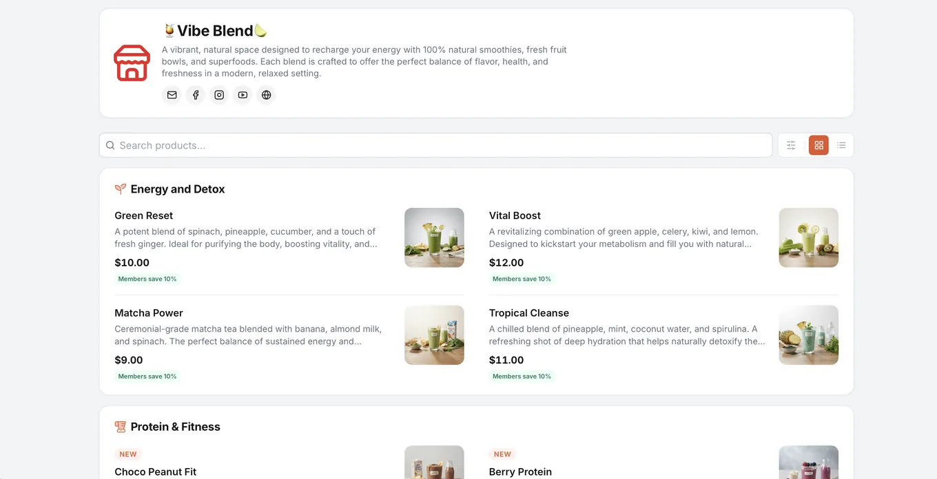 Published Nice Catalogs online catalog for a smoothie bar, with a search bar, an Energy and Detox category, product photos, descriptions and prices