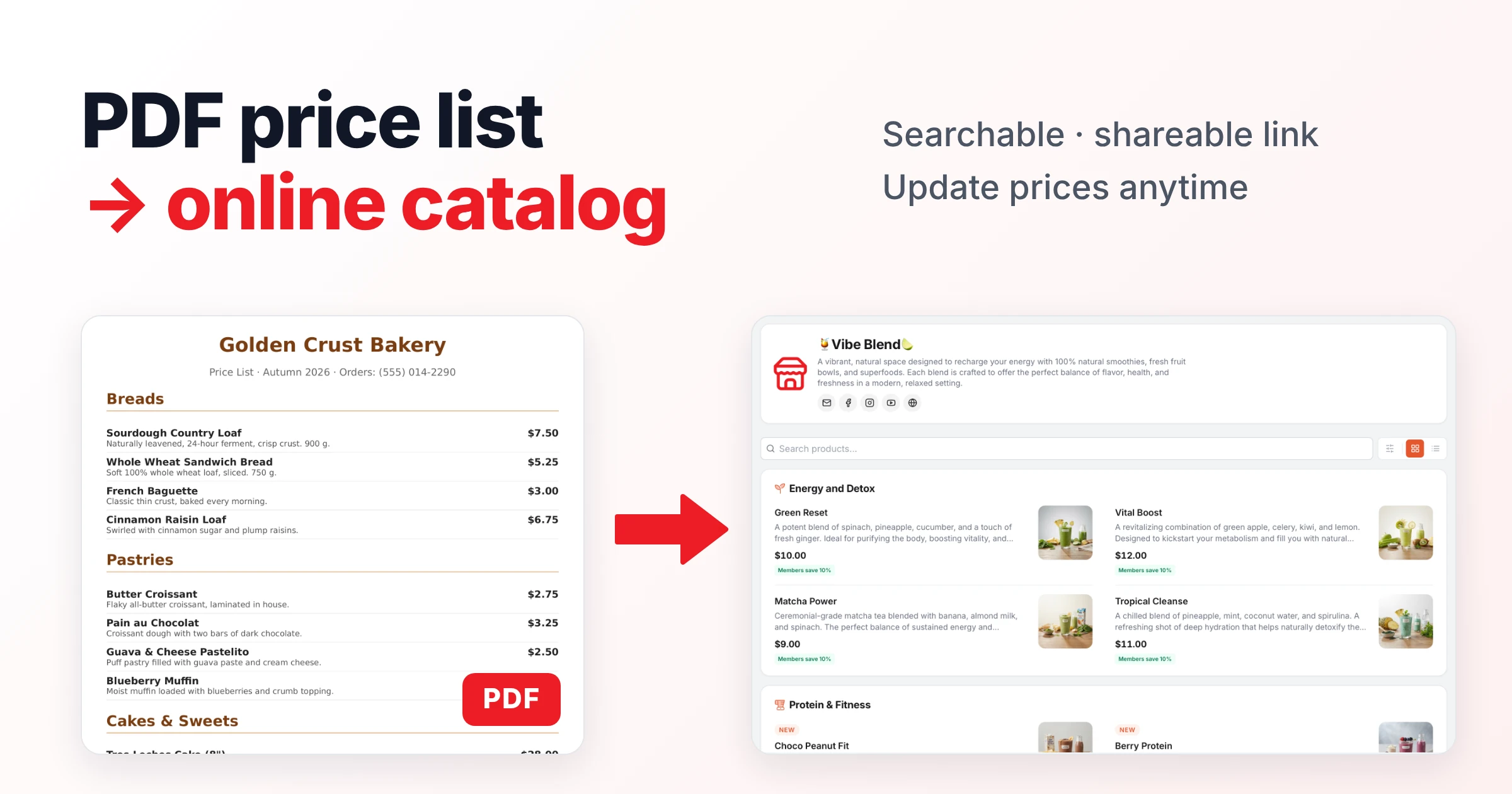Nice Catalogs: a PDF bakery price list on the left with a red arrow pointing to a searchable online catalog on the right