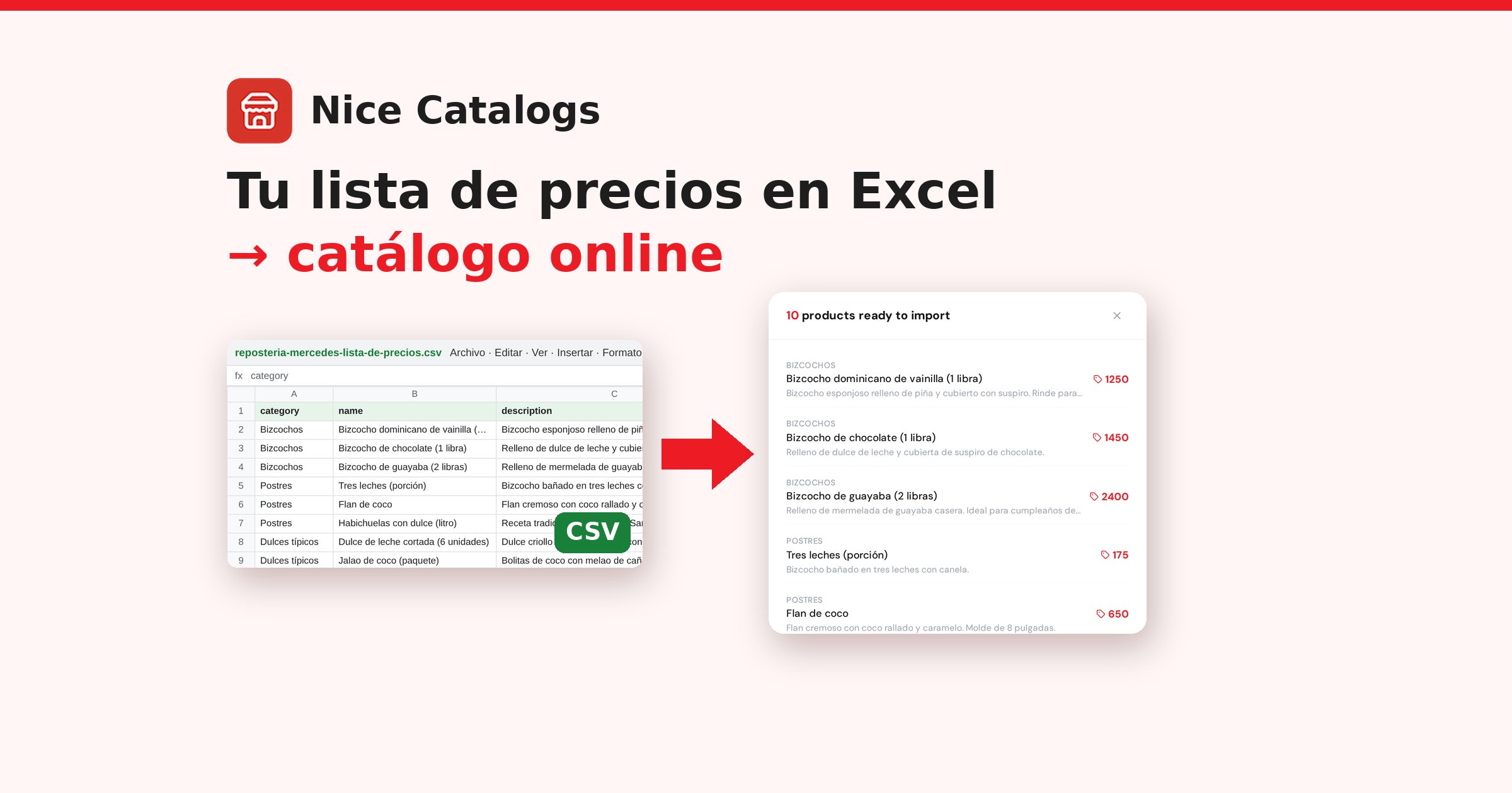 Nice Catalogs: una lista de precios de repostería en hoja de cálculo CSV con una flecha roja hacia la vista previa de 10 productos listos para importar