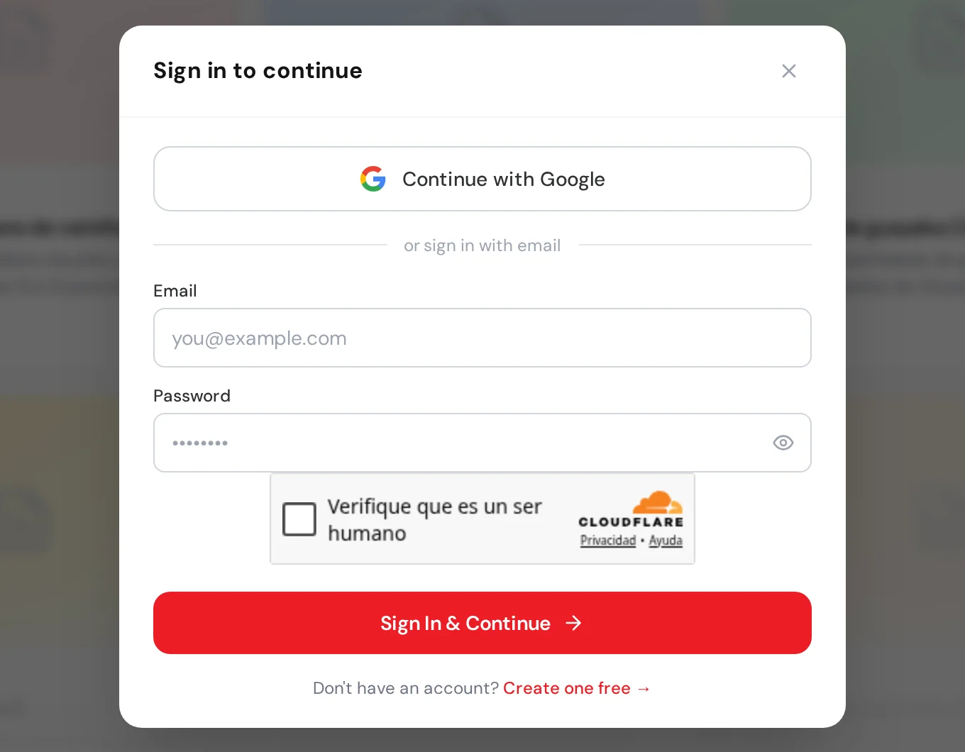 Ventana Sign in to continue de Nice Catalogs con botón Continue with Google, campos de email y contraseña, verificación de Cloudflare y enlace Create one free