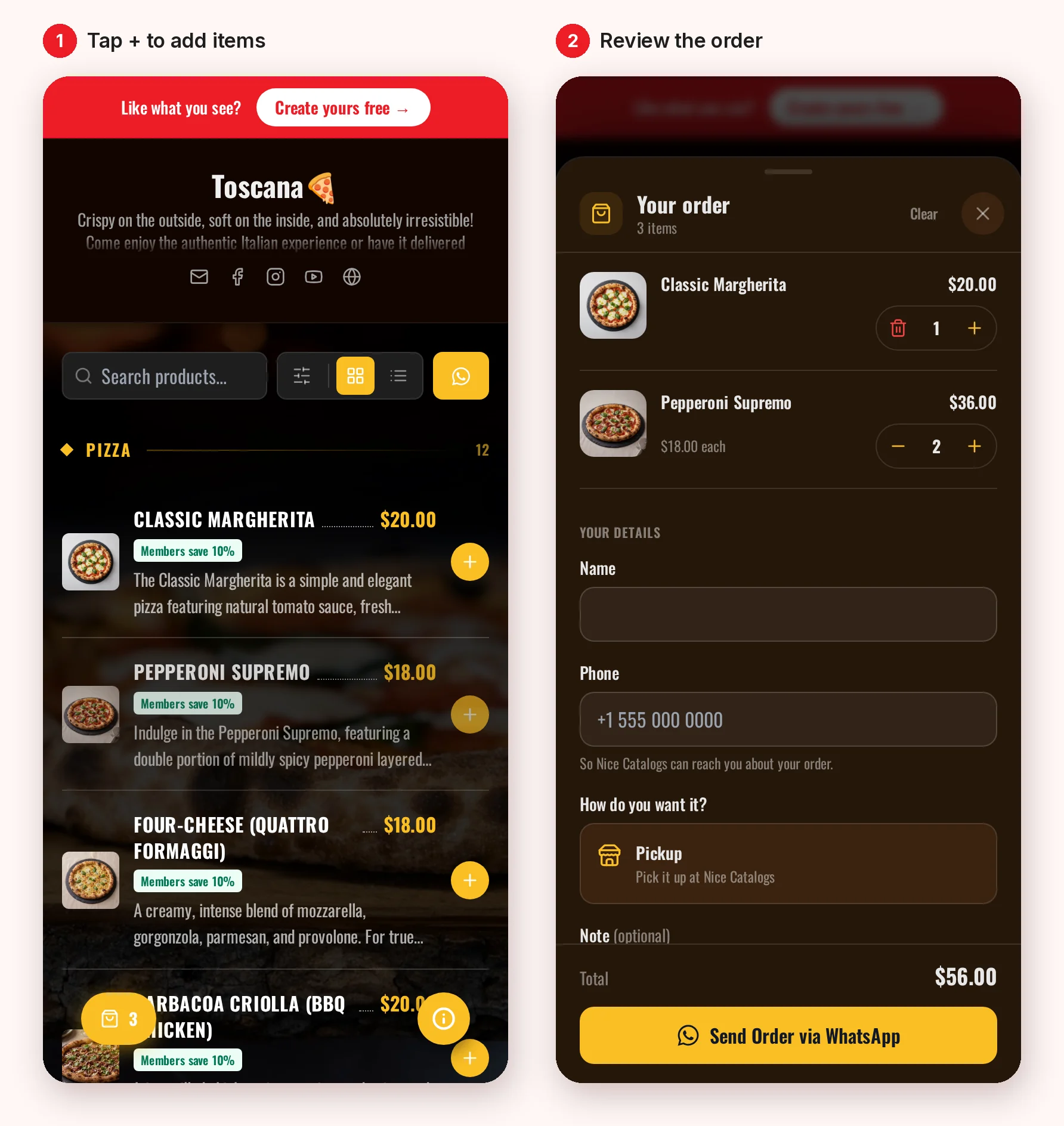 Two phone screens of the Toscana demo catalog built with Nice Catalogs: a pizza menu with a plus button on each item and a cart button showing 3, and the open cart with Classic Margherita x1, Pepperoni Supremo x2 and a $56.00 total