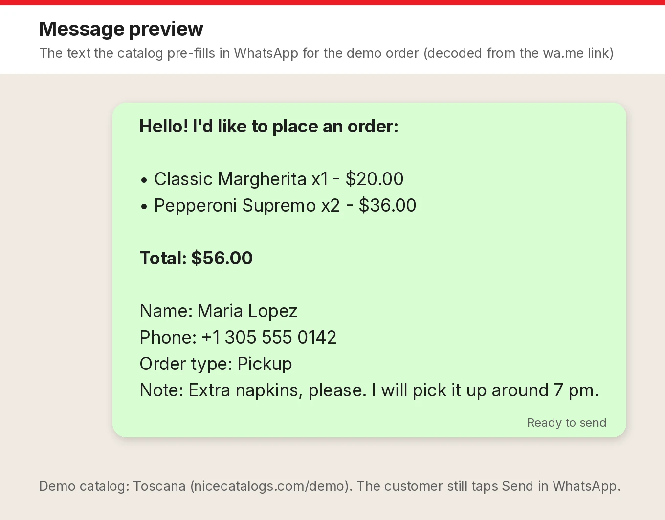 Message preview of the WhatsApp order text pre-filled by a Nice Catalogs catalog: Hello! I'd like to place an order, Classic Margherita x1 $20.00, Pepperoni Supremo x2 $36.00, Total $56.00, name, phone, order type Pickup and a note