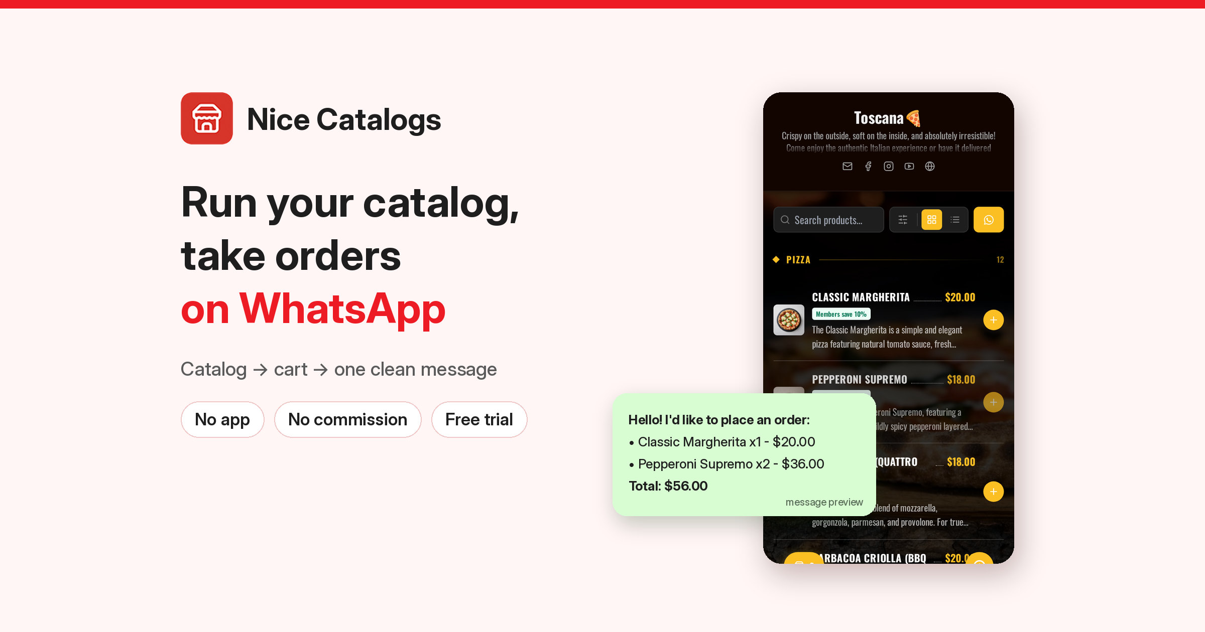 Nice Catalogs featured image: Run your catalog, take orders on WhatsApp, with a real demo pizza catalog on a phone and the pre-filled WhatsApp order message
