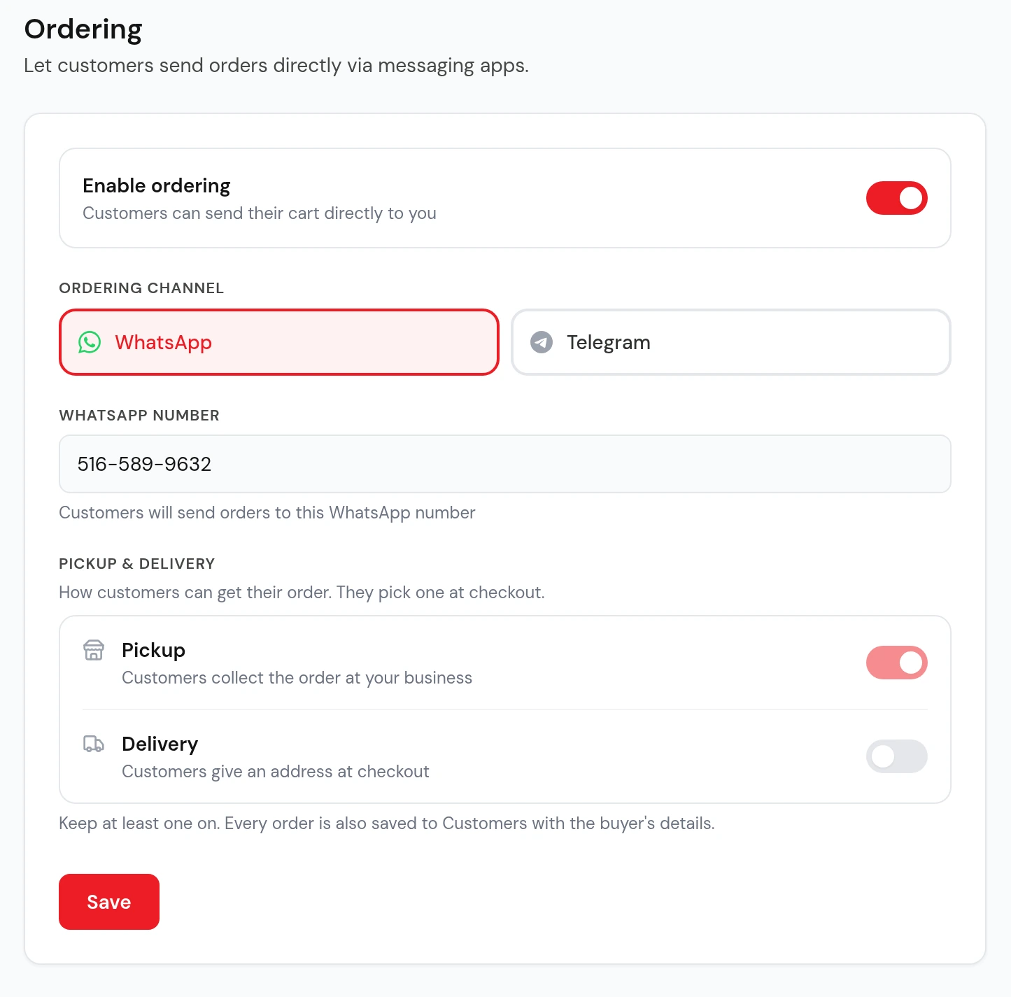 Nice Catalogs catalog editor, Ordering page: Enable ordering switched on, WhatsApp selected as the ordering channel instead of Telegram, the WhatsApp number orders go to, Pickup on and Delivery off, the note that every order is also saved to Customers, and the Save button
