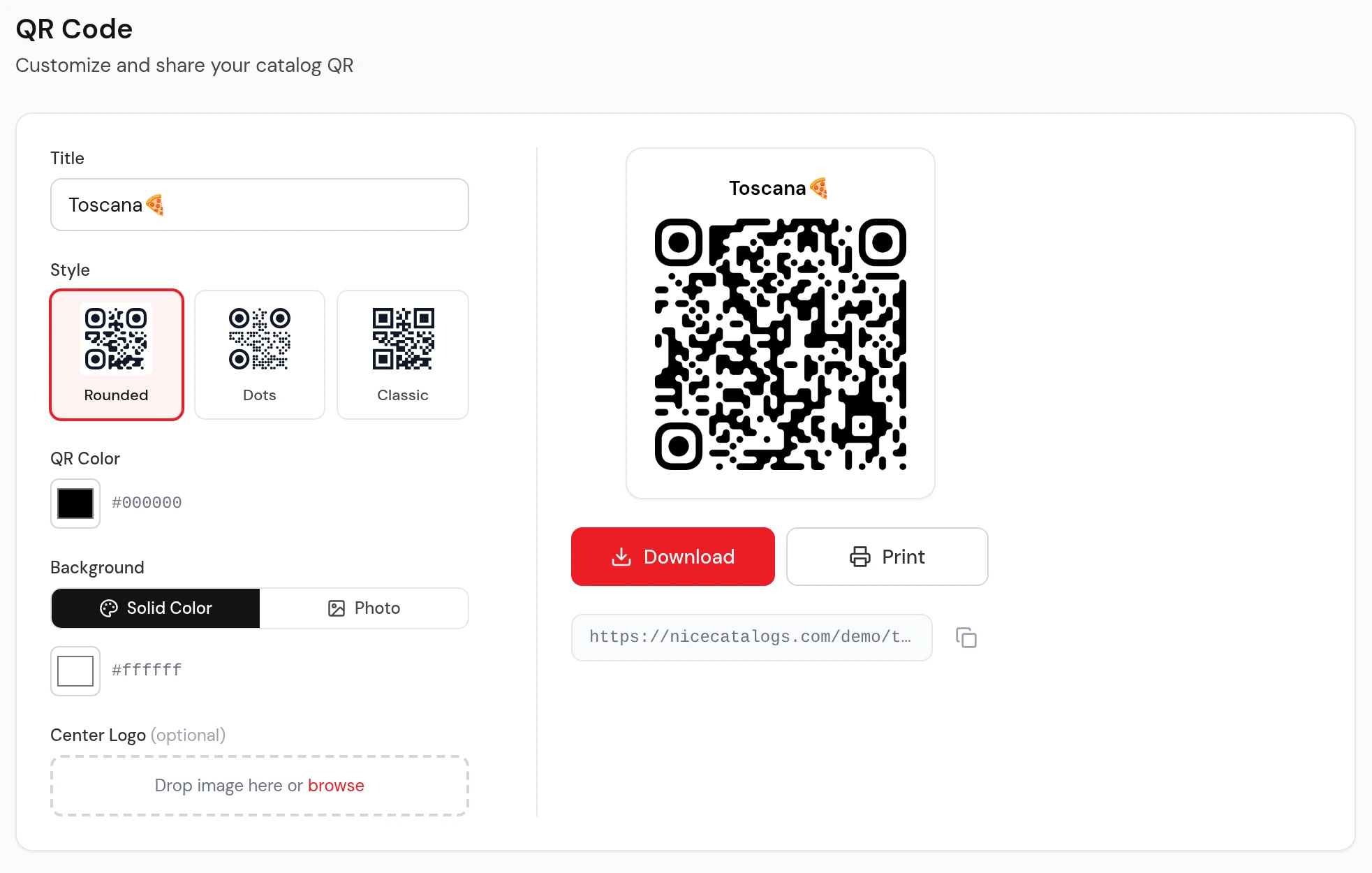 QR Code panel for a catalog in Nice Catalogs: title, Rounded, Dots or Classic style, QR color, background color or photo, optional center logo, a QR code preview with Download and Print buttons, and the catalog link with a copy button