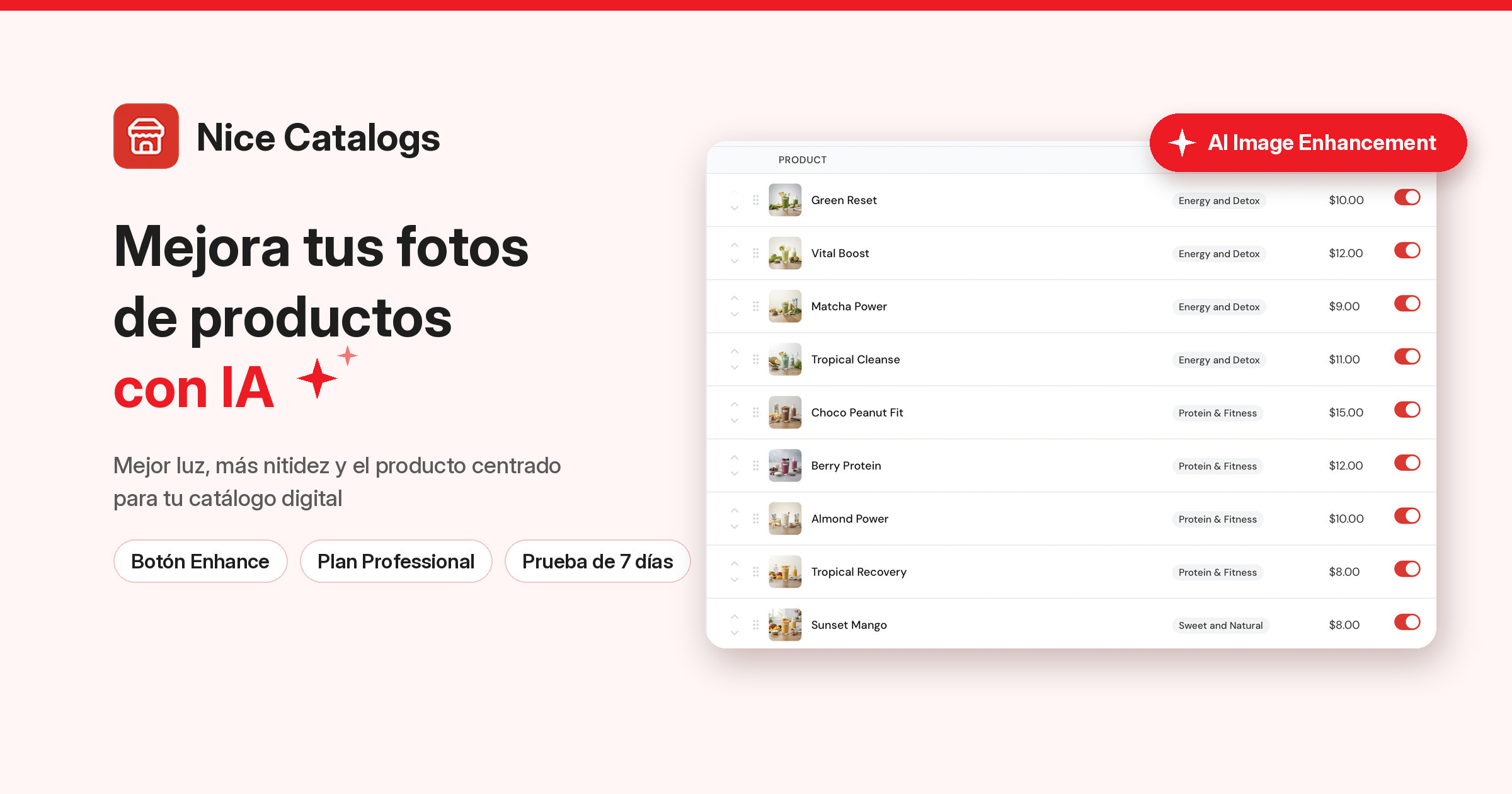 Nice Catalogs: Mejora tus fotos de productos con IA, junto a una captura real de la lista de productos del panel con la etiqueta AI Image Enhancement