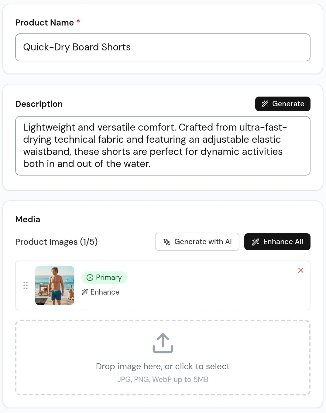 Edición del producto Quick-Dry Board Shorts en el panel de Nice Catalogs: sección Media con la foto, el enlace Enhance debajo de la foto y el botón Enhance All