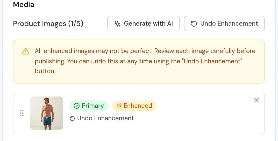 La misma sección Media después de tocar Enhance: la foto del producto cambió, con la etiqueta Enhanced y el botón Undo Enhancement