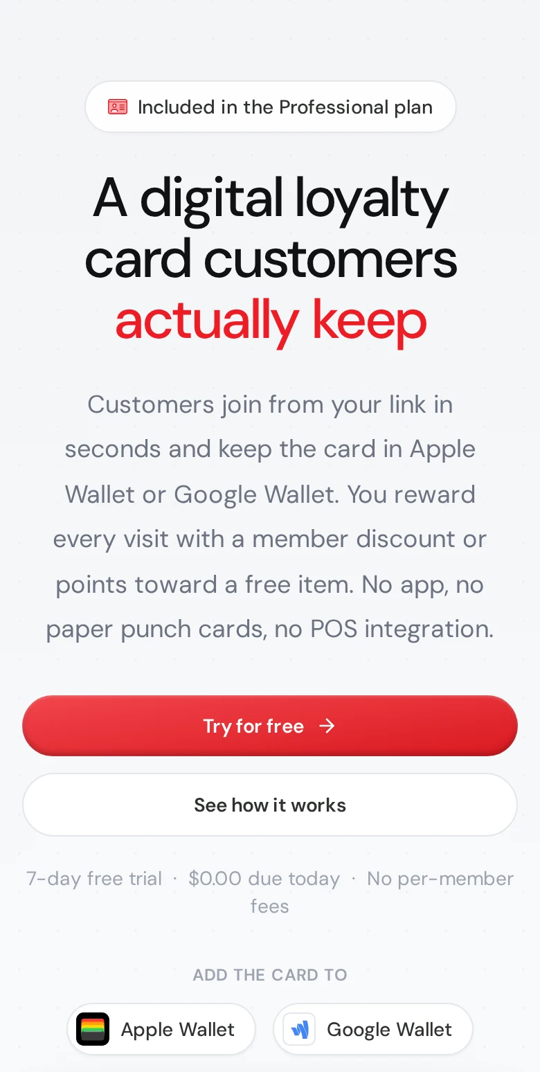Top of the Nice Catalogs digital loyalty card page on a phone: Included in the Professional plan, A digital loyalty card customers actually keep, Try for free, 7-day free trial, $0.00 due today, no per-member fees, and Add the card to Apple Wallet or Google Wallet