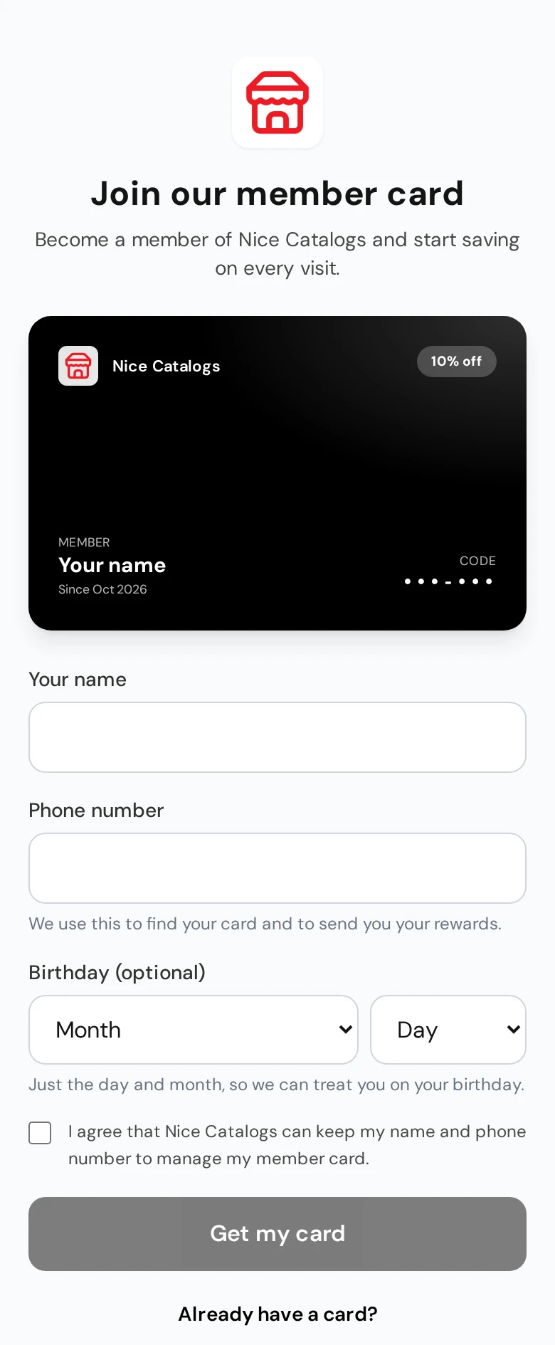 Nice Catalogs join page on a phone: Join our member card, a black card preview with 10% off, fields for name and phone number, optional birthday with month and day, a consent checkbox and the Get my card button