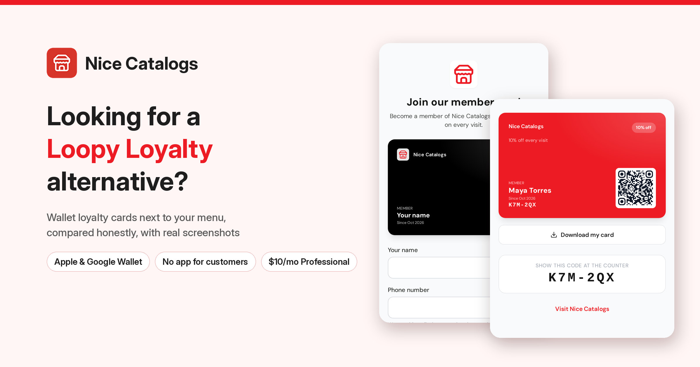 Nice Catalogs featured image: Looking for a Loopy Loyalty alternative? With the real Nice Catalogs join page and a demo member card with code K7M-2QX
