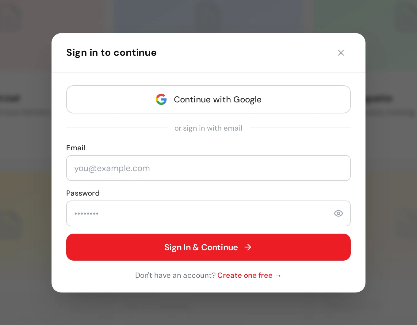 Sign in to continue window of the Nice Catalogs converter with Continue with Google, email and password fields, a Sign In & Continue button and a Create one free link