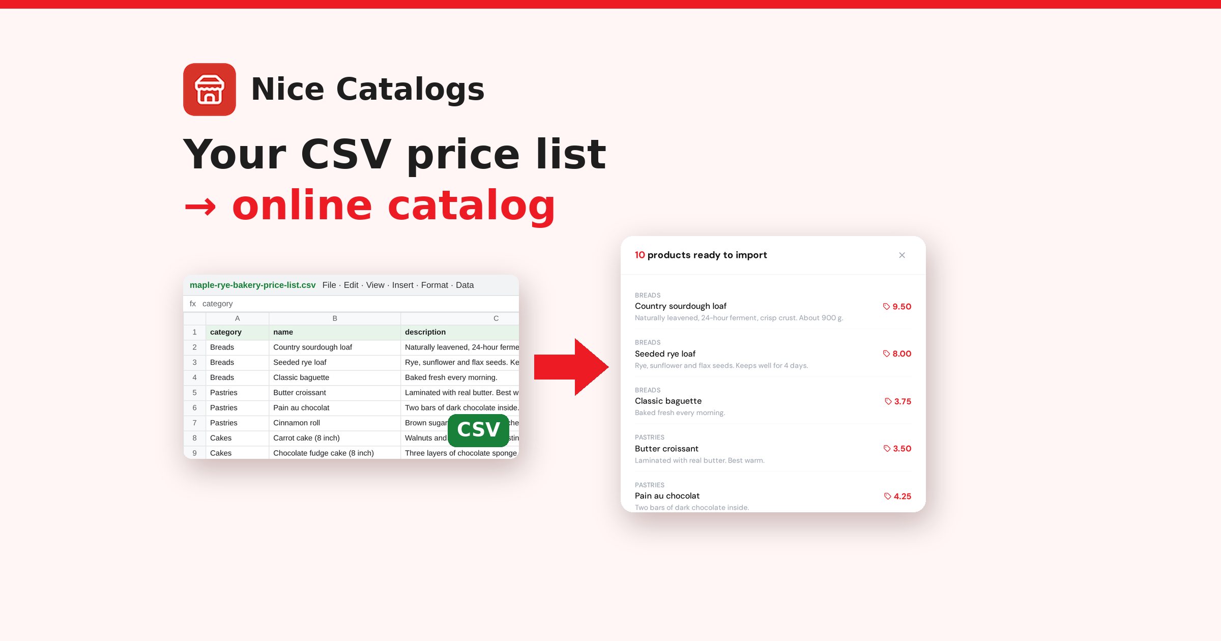 Nice Catalogs featured image: Your CSV price list to online catalog, showing the sample bakery spreadsheet and the real converter preview with 10 products ready to import