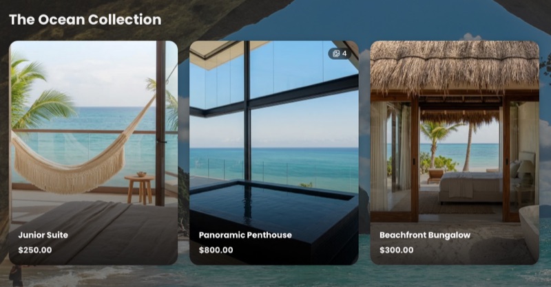 Product catalog showcasing room listings with photos, names, and prices